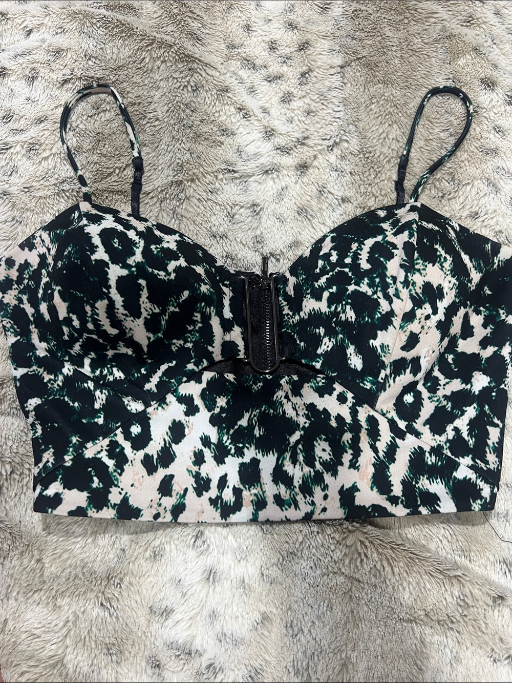 Bebe Women's Green and Black Leopard Print Bustier Top size Small